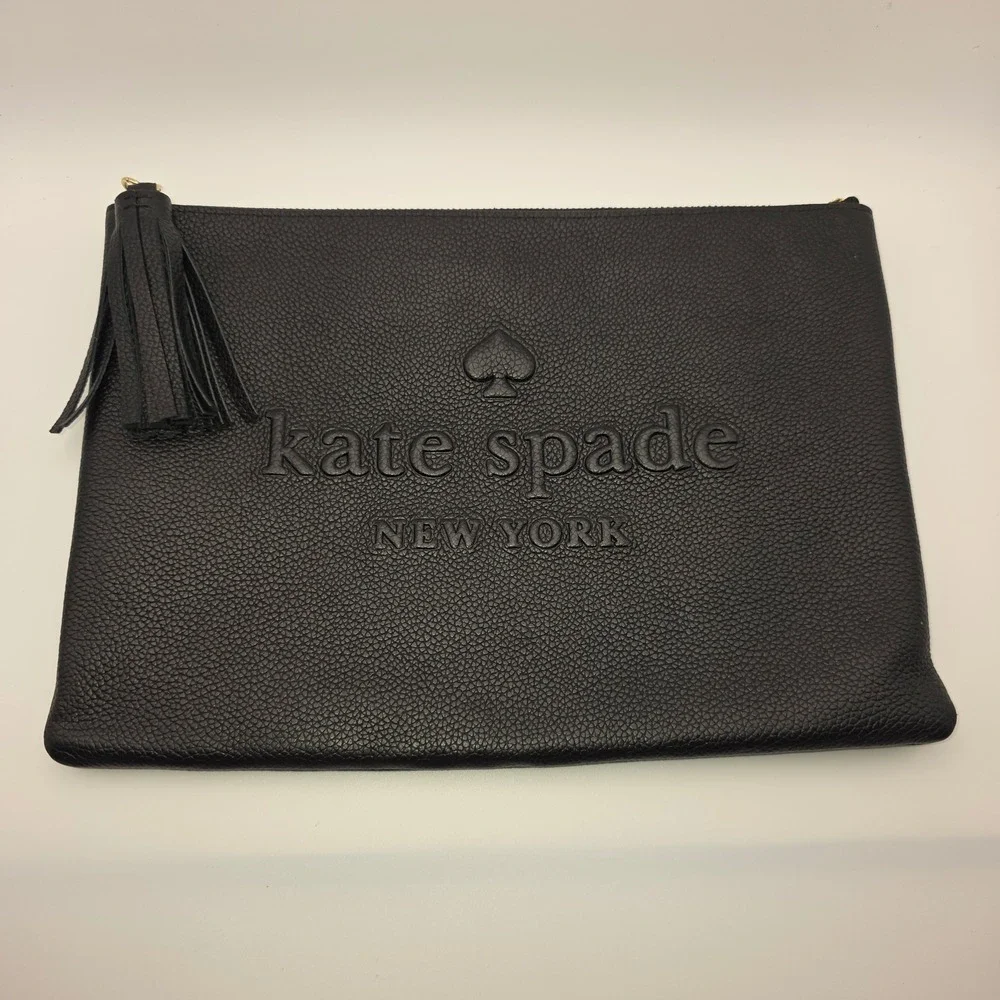 Kate Spade New York Black Pebbled Leather Embossed Logo Tassel‎ Clutch Pouch